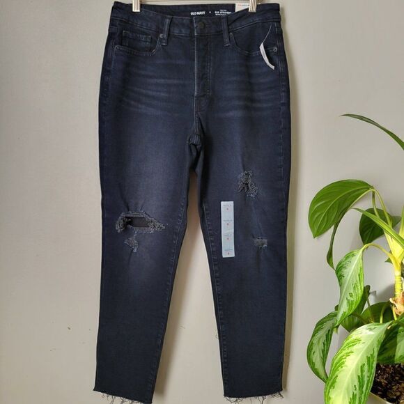 NWT OLD NAVY O.G. STRAIGHT HIGH RISE JEANS BLACK RIPPED SIZE 8 - Picture 1 of 16